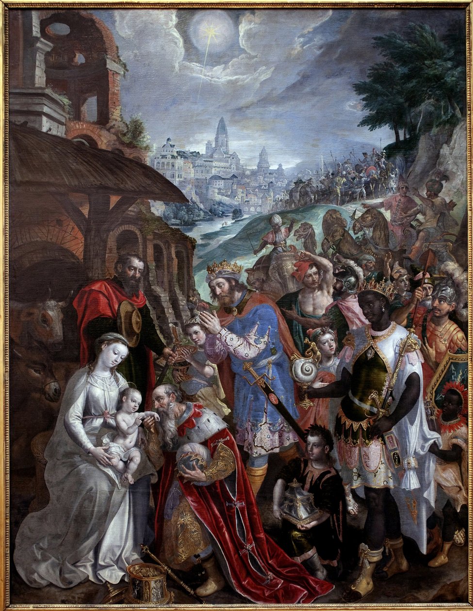 Anbetung der Heiligen Drei Könige. Über der Heiligen Familie und den Weisen der Stern des Hirten. Gemälde von Maaerten de Vos (Martin de Vos, Marten de Vos) (1532-1603), flämische Kunst des 16. Jahrhunderts. Museum der Schönen Künste von Valenciennes von Maarten de Vos