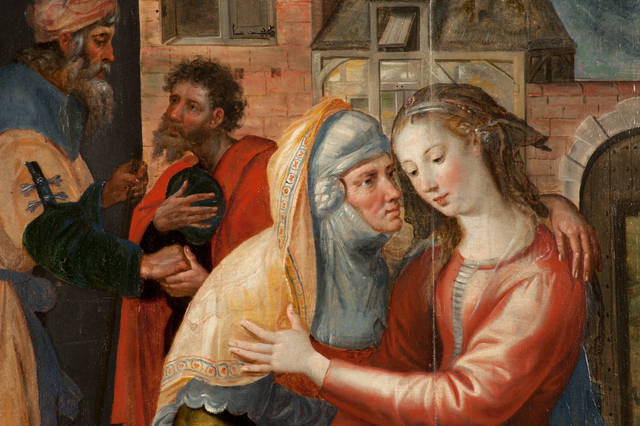 Anbetung der Könige, Triptychon, Linke Tafel: Leben der Heiligen Jungfrau (Detail) von Maarten de Vos