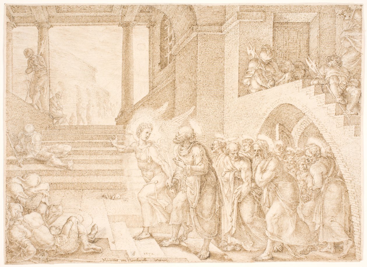 Die Apostel werden von einem Engel aus dem Gefängnis befreit von Maarten van Heemskerck