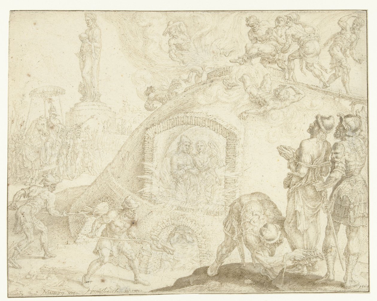 Drei Jünglinge werden in einen feurigen Ofen geworfen (Historie der drei Jünglinge) von Maarten van Heemskerck