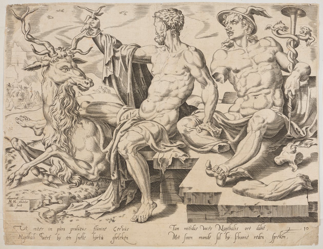 Naphtali mit einem Hirsch und einer zerbrochenen Statue des Merkur, aus der Serie Die zwölf Patriarchen, Gravur von Dirk Volkertsz Coornhert von Maarten van Heemskerck