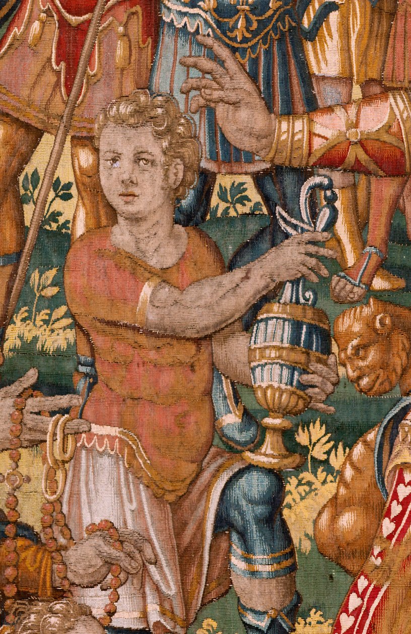 Flandrischer Wandteppich. Serie Geschichte von Gideon. Die Israeliten übergeben Gideon ihren Anteil an der Beute. Atelier François Geubels, Brüssel. Barock. 1534-1571. von Maerten van Heemskerck