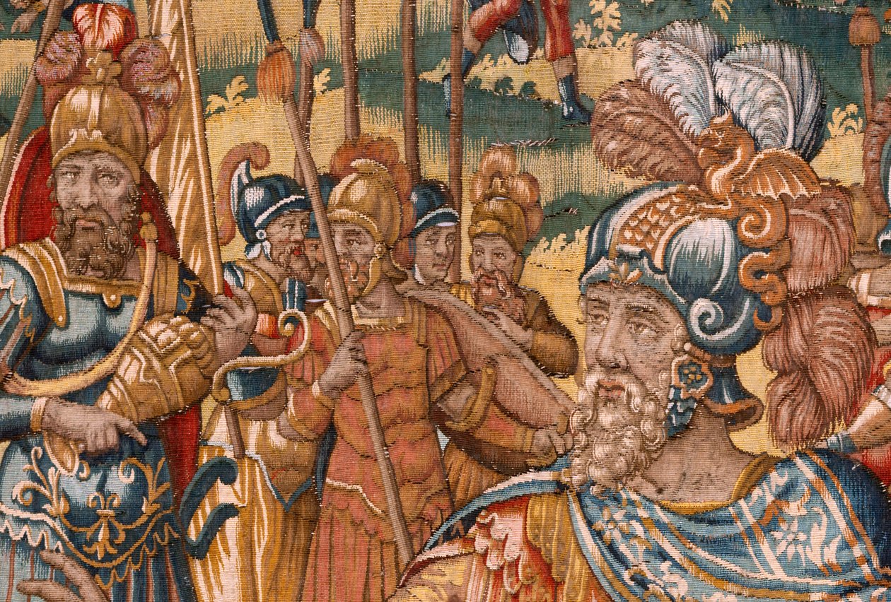 Diözesanmuseum. Flämischer Wandteppich. Brüssel. Atelier François Geubels. Serie Geschichte von Gideon. Die Israeliten übergeben Gideon ihren Anteil an der Beute. Seide und Wolle. Vermächtnis von Bischof von Maerten van Heemskerck