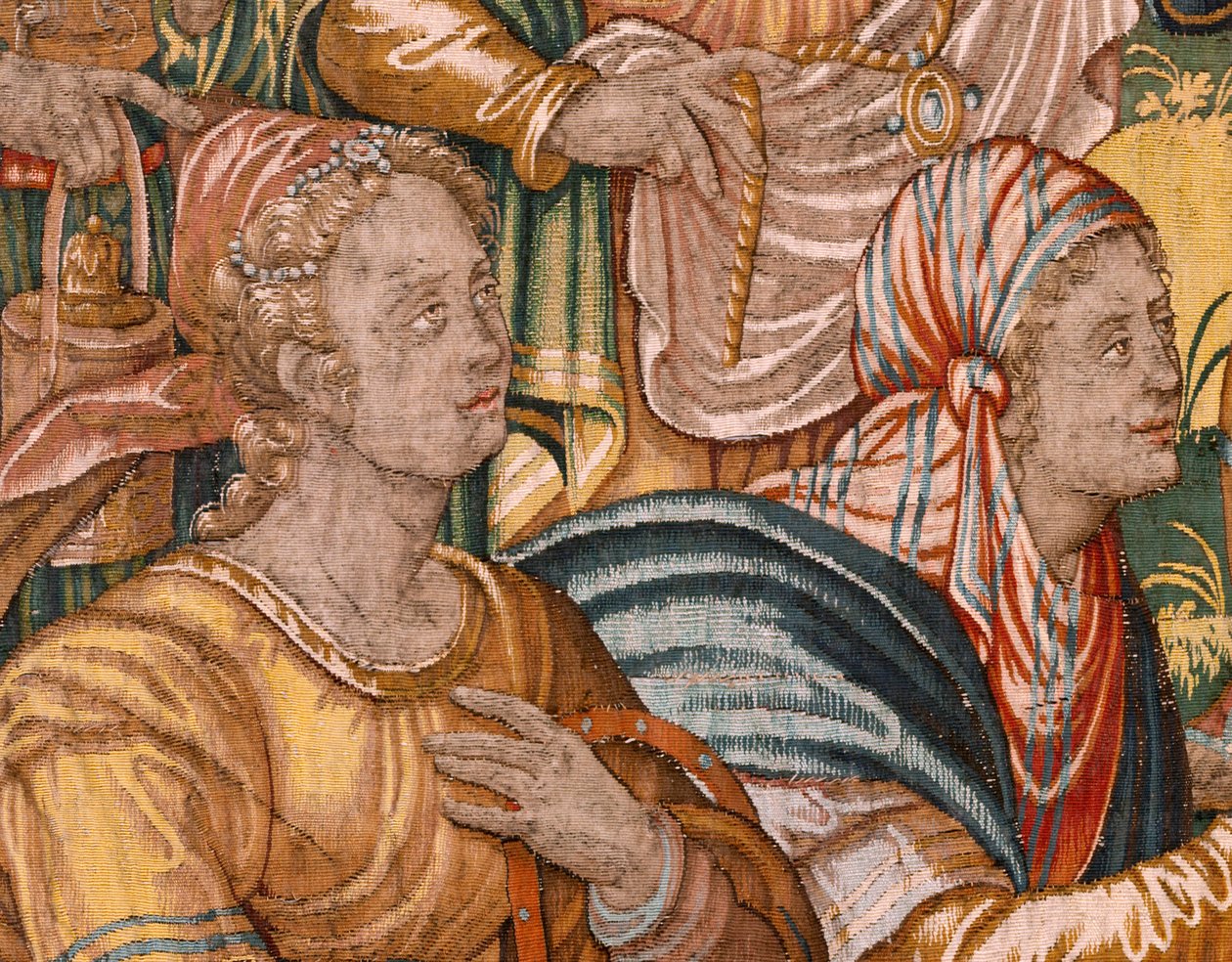 Diözesanmuseum (Museo Diocesano). Flemischer Wandteppich. Brüssel. Atelier François Geubels. Serie Geschichte von Gideon. Die Israeliten übergeben Gideon ihren Anteil an der Beute. Seide und Wolle. Vermächtnis von Bischof. von Maerten van Heemskerck