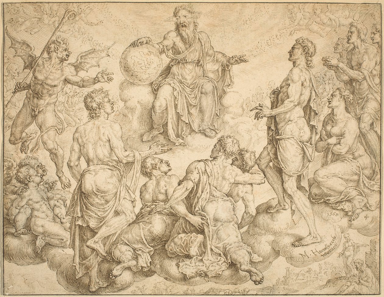 Satan fordert Gott heraus, seinen Schutz von Hiob zu entfernen von Maerten van Heemskerck