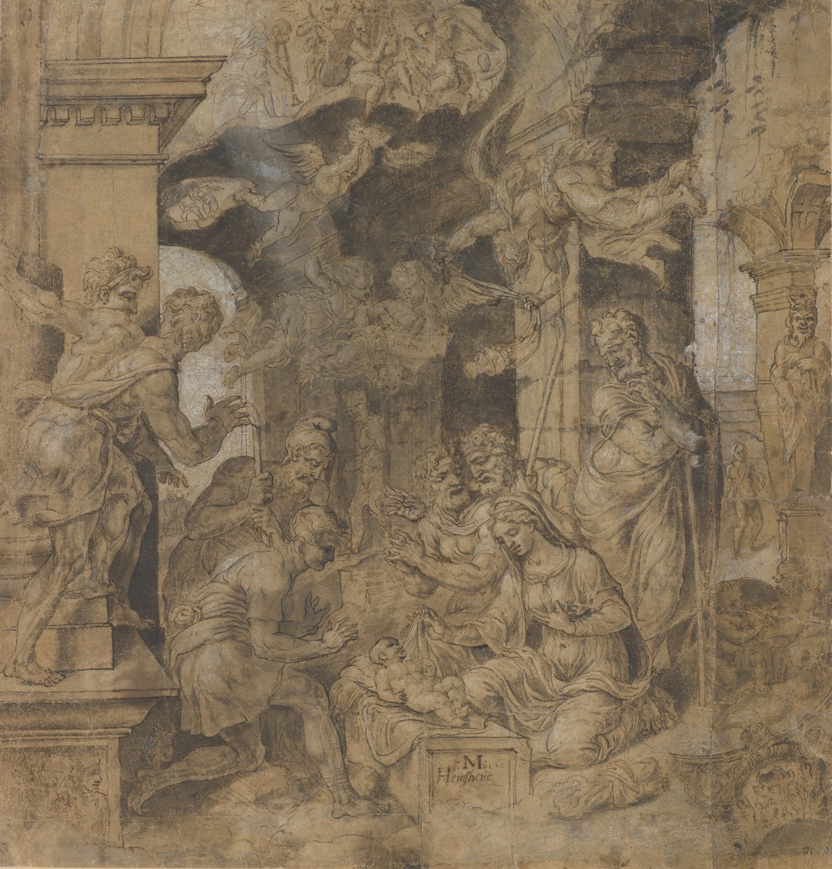 Die Anbetung der Hirten, verso: Skizzen, ca. 1532-37 von Maerten van Heemskerck