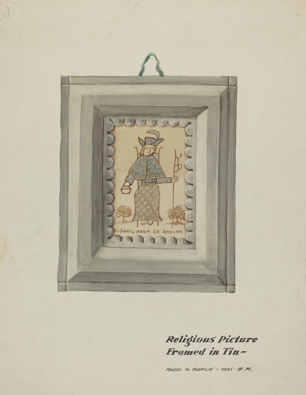 Handgezeichnetes Santo Niño de Atocha-Handgemachter Zinnrahmen von Majel G. Claflin