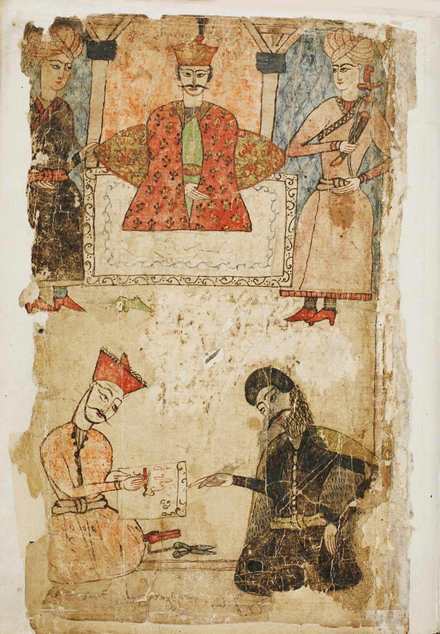 Rustaveli diktiert sein Gedicht einem Kanzler. Illustration zum Gedicht Der Ritter im Pantherfell von Schota Rustaweli, Mitte des 17. Jahrhunderts von Mamuka Tavakalashvili