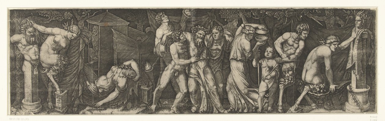 Bacchanal mit einem betrunkenen Bacchus, Satyrn und Mänaden von Marcantonio Raimondi