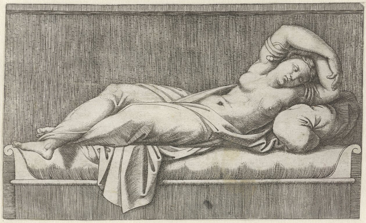 Cleopatra halbnackt auf einem Bett liegend von Marcantonio Raimondi
