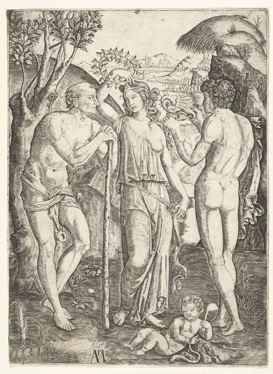 Junge Frau mit Blätterkranz zwischen altem Mann mit Stock und jungem Mann mit Drache und Kind von Marcantonio Raimondi