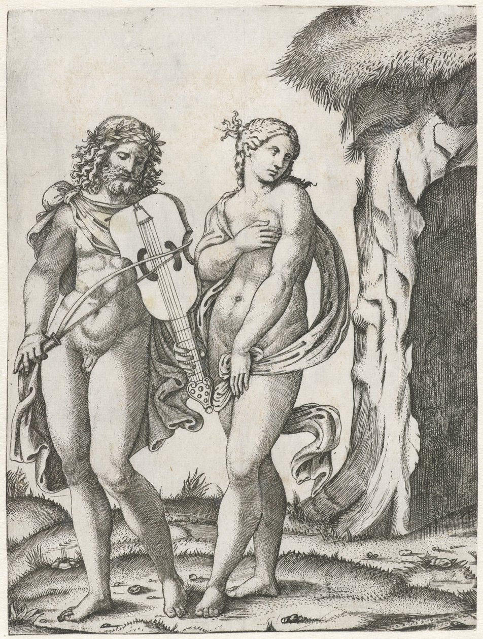 Orpheus spielt auf der Viola, bevor Eurydike in die Unterwelt geht von Marcantonio Raimondi