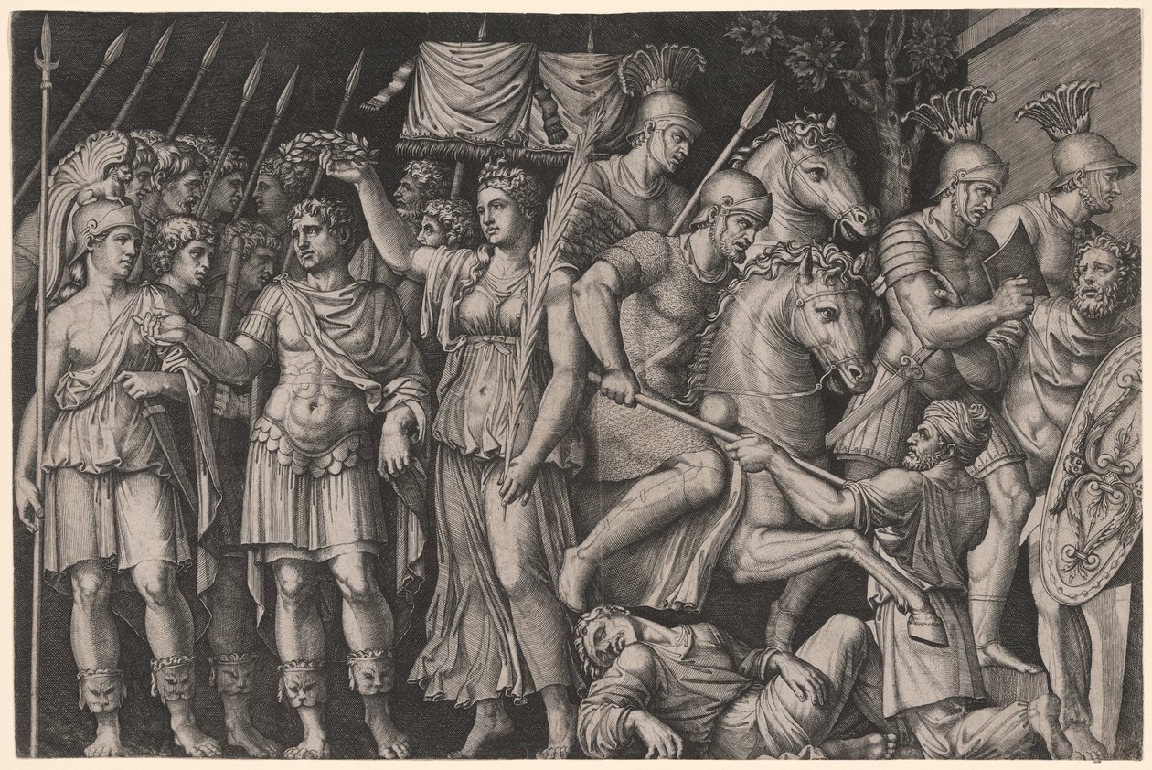 Trajan von der Siegesgöttin gekrönt von Marcantonio Raimondi