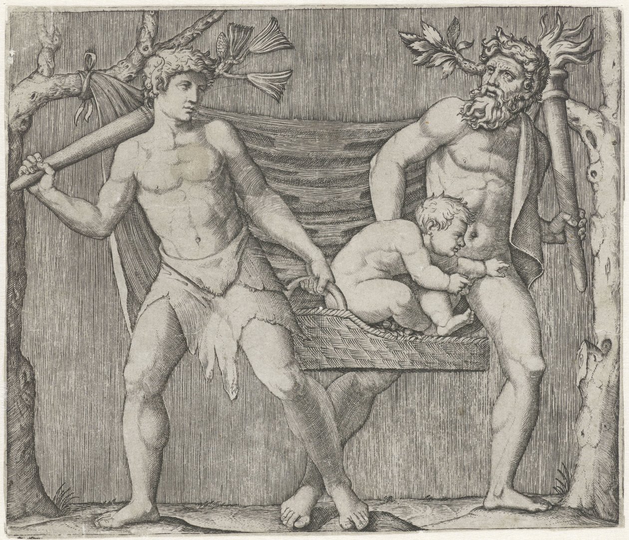 Zwei Faune tragen ein Kind in einem Korb von Marcantonio Raimondi