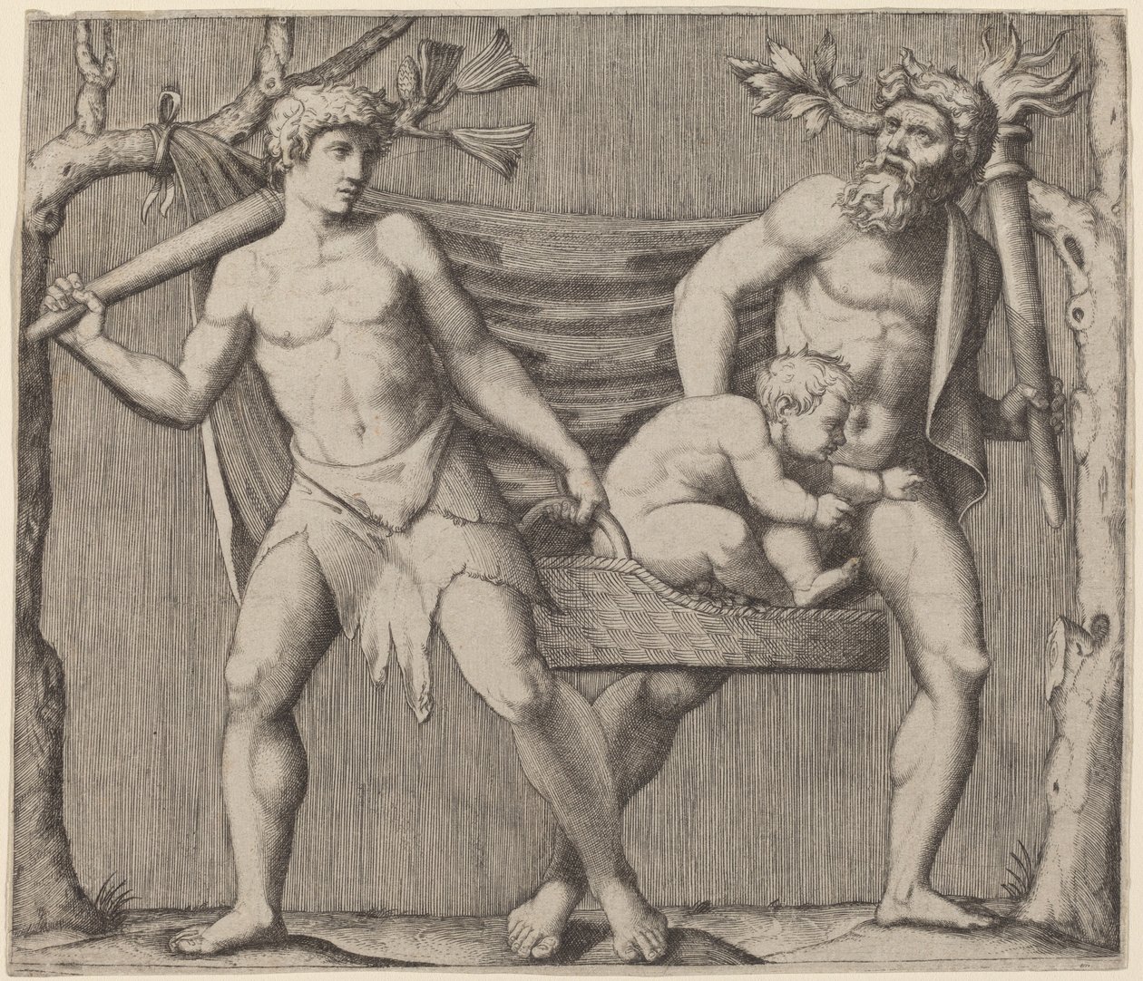 Zwei Faune tragen ein Kind von Marcantonio Raimondi