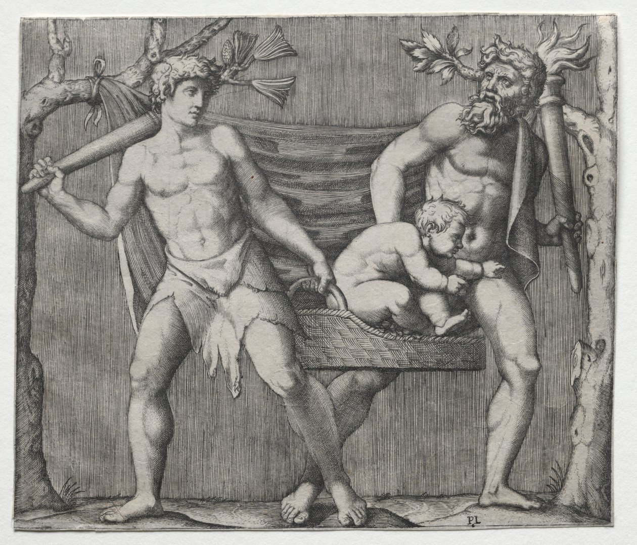 Zwei Faune tragen ein Kind in einem Korb von Marcantonio Raimondi
