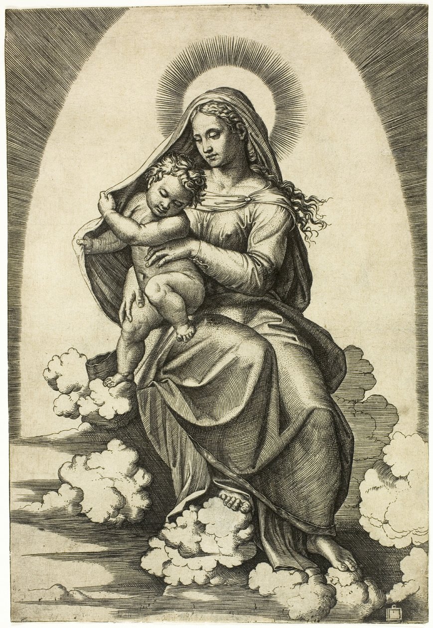 Jungfrau und Kind auf Wolken sitzend von Marcantonio Raimondi