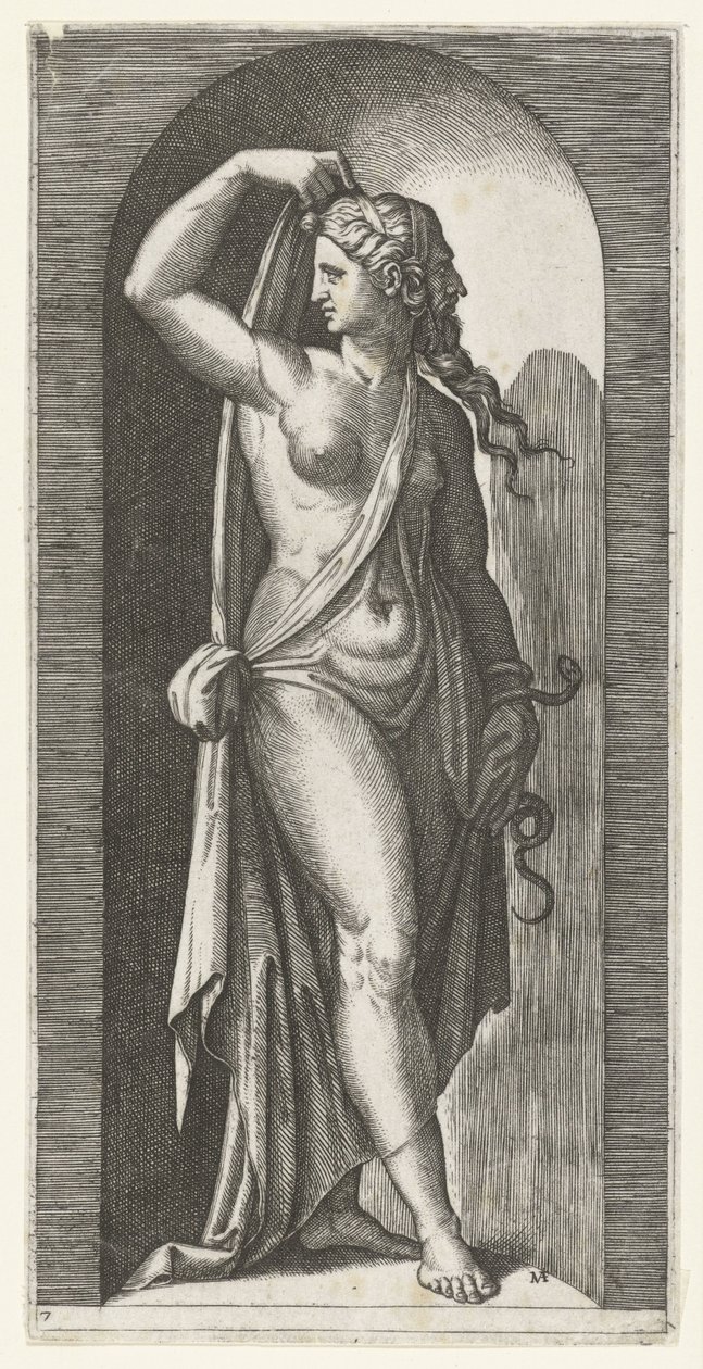 Frau als Personifikation der Vorsicht (Prudentia) mit Schlange und Maske, Sieben Tugenden (Serientitel) von Marcantonio Raimondi