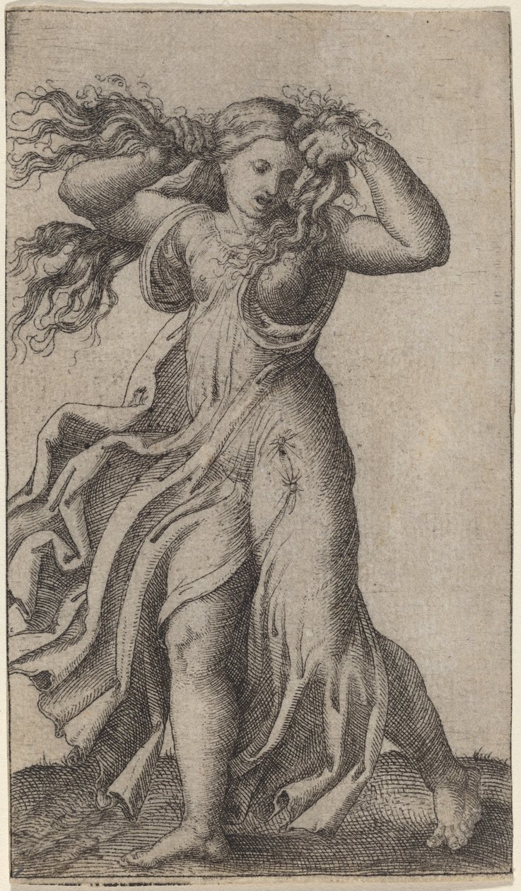 Frau zieht sich die Haare von Marcantonio Raimondi possibly after Francesco Francia