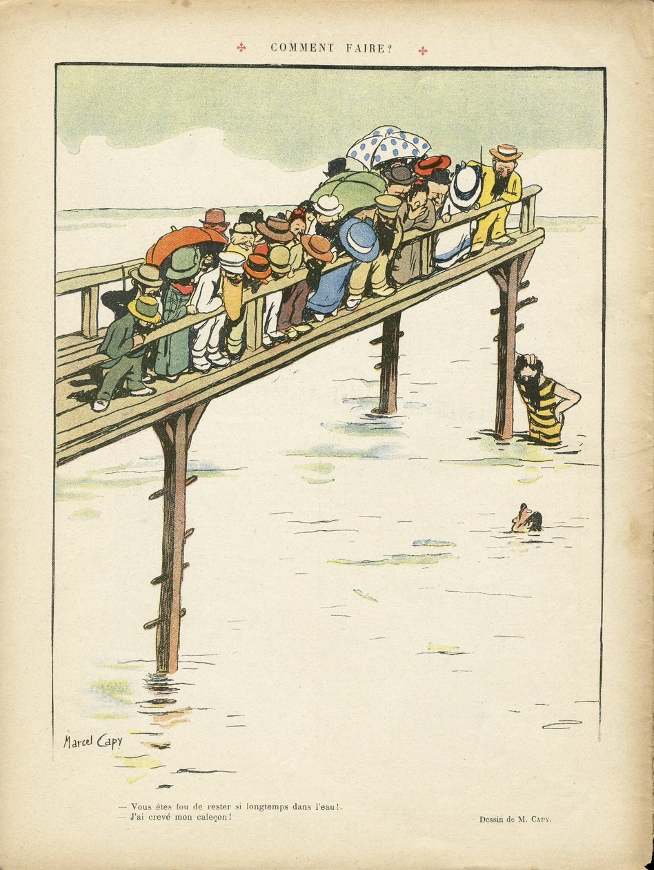Illustration von Marcel Capy (1865-1941) in Le Rire, 24/08/12 - Wie macht man das? - Freizeit, Architektur Stadtplanung, Marine Marine Seaside, Schwimmen Schwimmen Schwimmen, Menge von Marcel Amable O.L. Capy