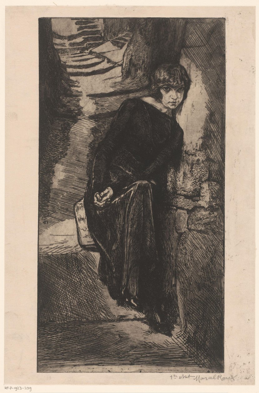 In Schwarz gekleidete Frau, die sich gegen eine Wand lehnt von Marcel Roux (signed by artist)