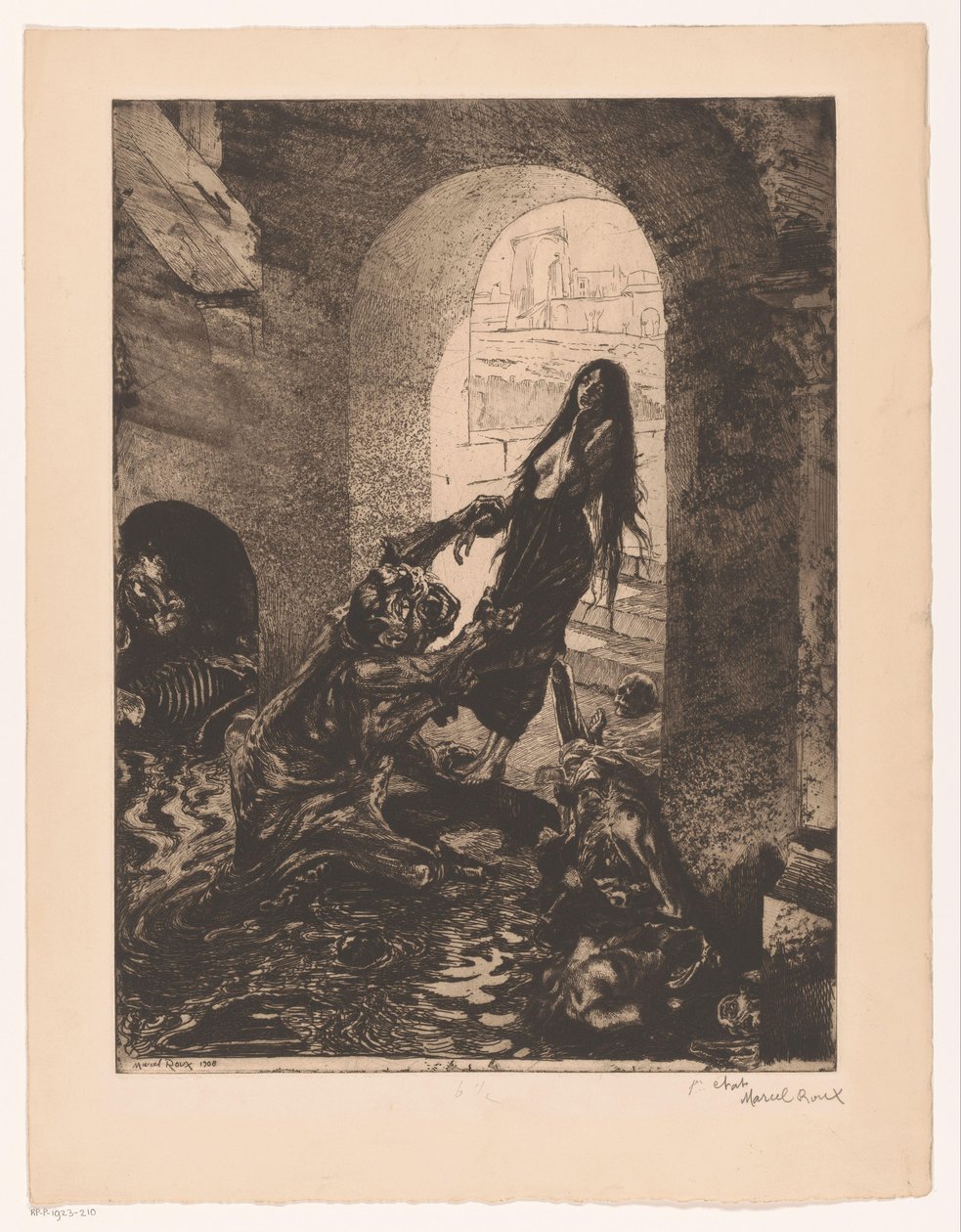 Monster greift eine Frau, die in der Tür steht von Marcel Roux (signed by artist)