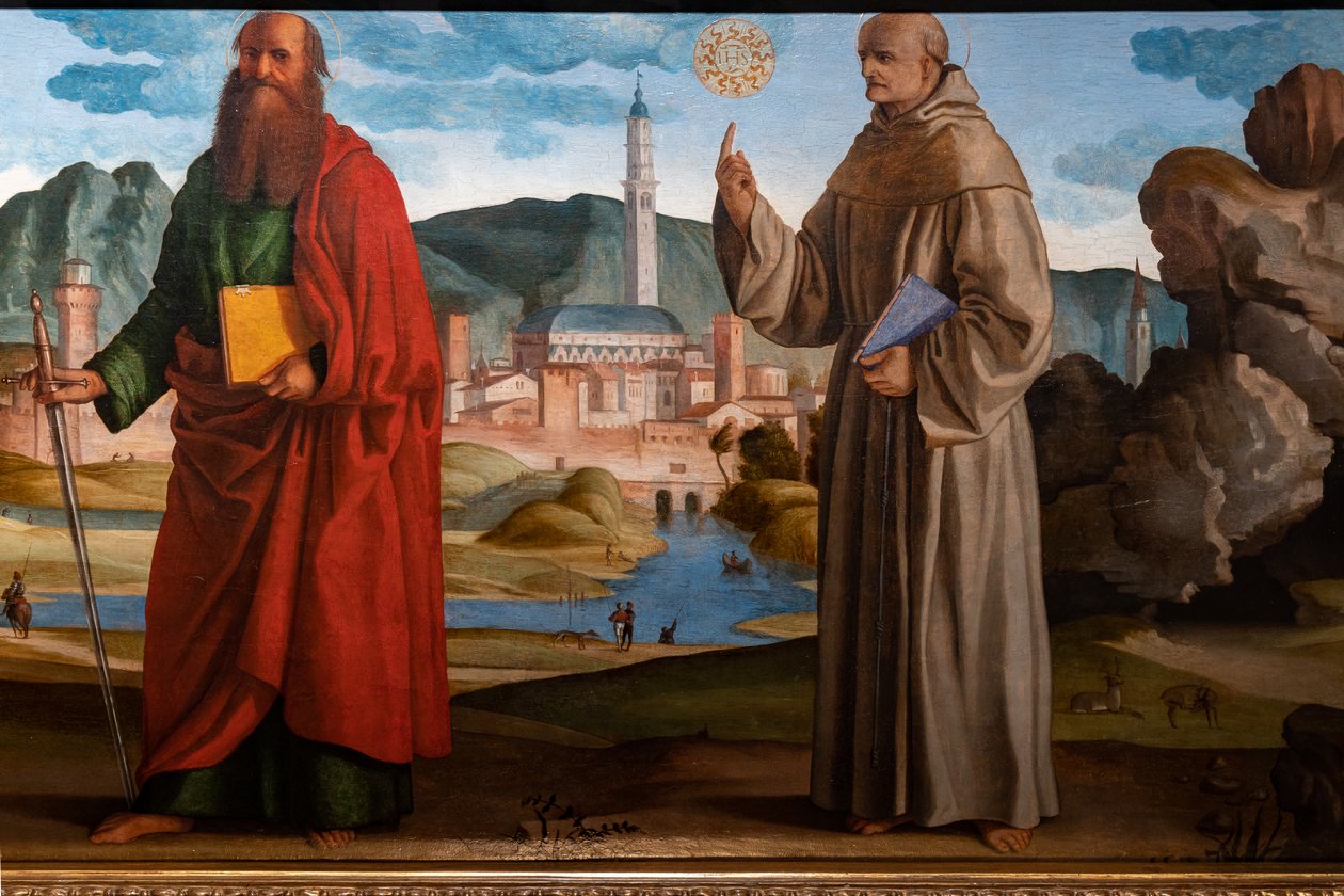 St. Franziskus empfängt die Stigmata unter St. Klara und Peter, der selige Bartolomeo von Breganze, und St. Paulus und Bernardino (Detail) von Marcello Fogolino