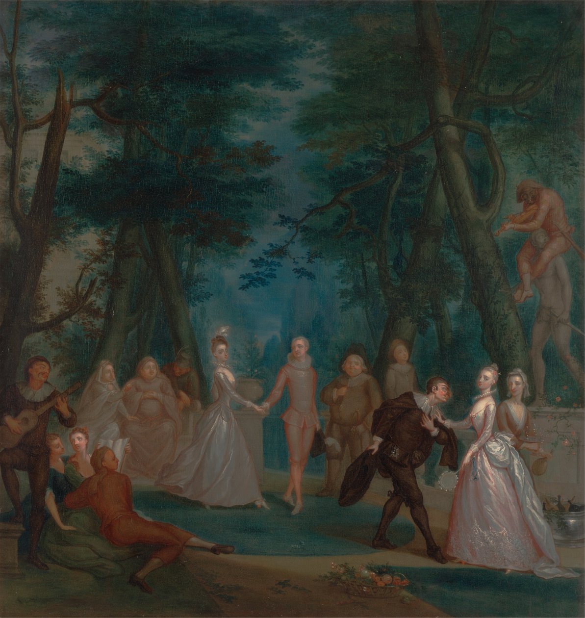 Szene in einem Park mit Figuren aus der Commedia dell