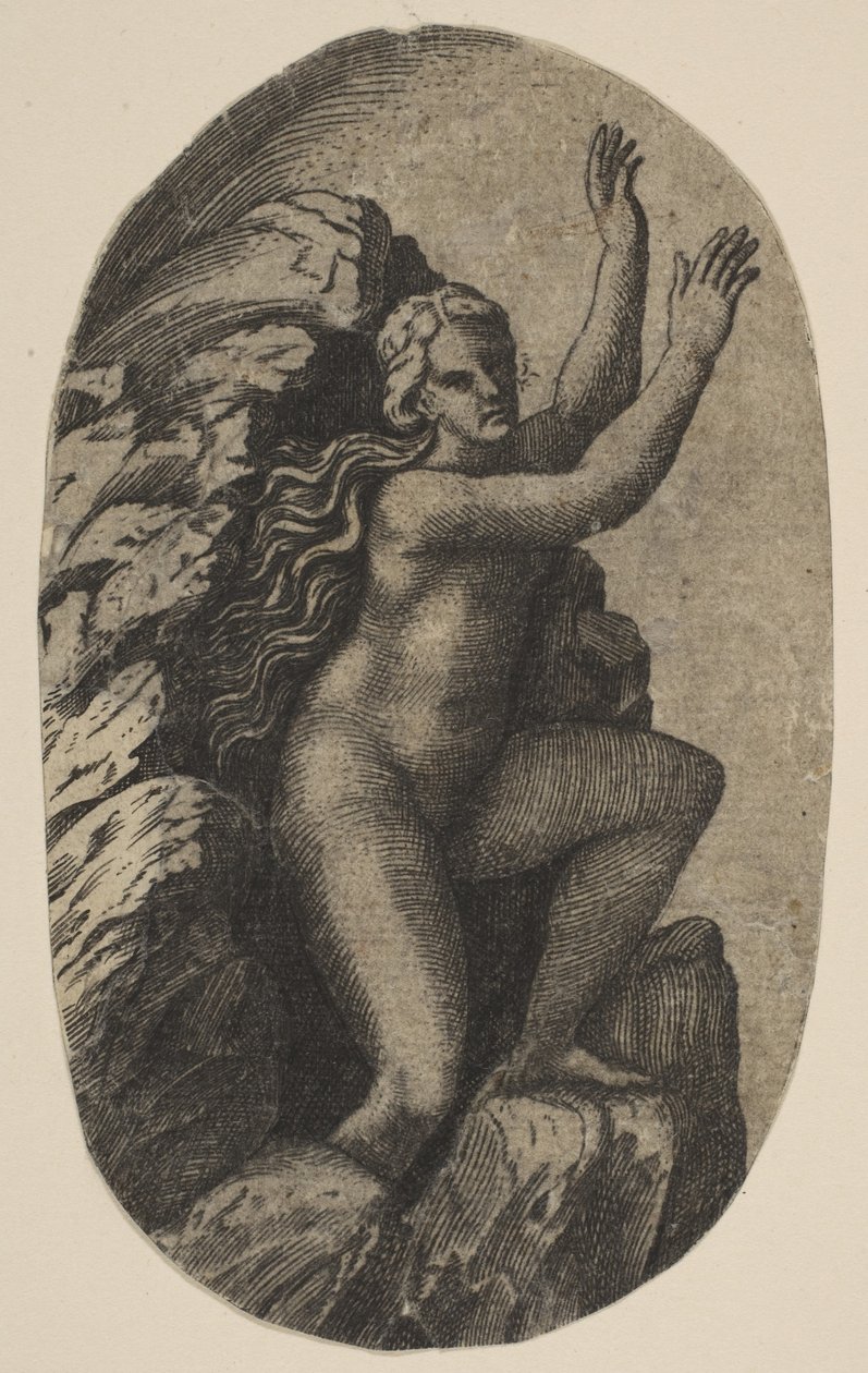 Eurydike nackt auf einem Felsen stehend, ihre Arme nach rechts erhoben, ca. 1515-27 von Marco Dente
