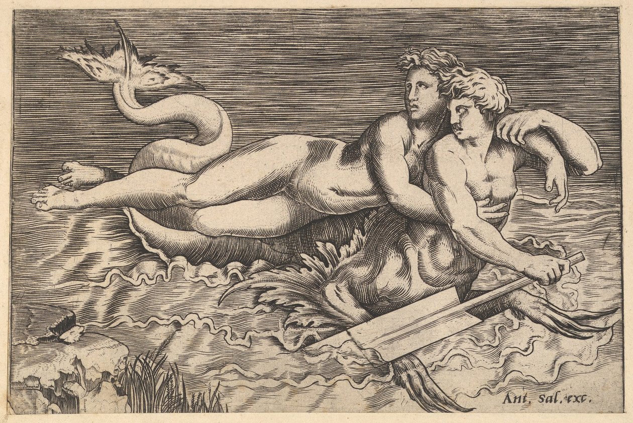Speculum Romanae Magnificentiae: Ein Triton entführt eine Nymphe, 16. Jahrhundert von Marco Dente