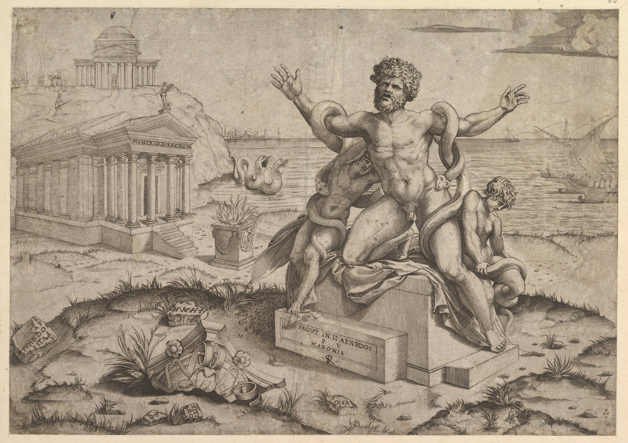 Speculum Romanae Magnificentiae: Antike Basreliefs mit Laokoon, ca. 1516-20 von Marco Dente