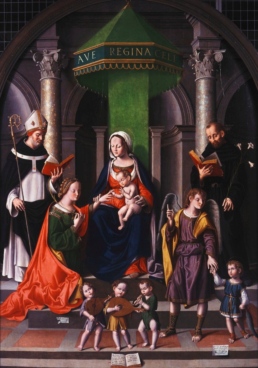 Die mystische Hochzeit der heiligen Katharina mit dem Erzengel Raphael und Tobias von Marco Palmezzano