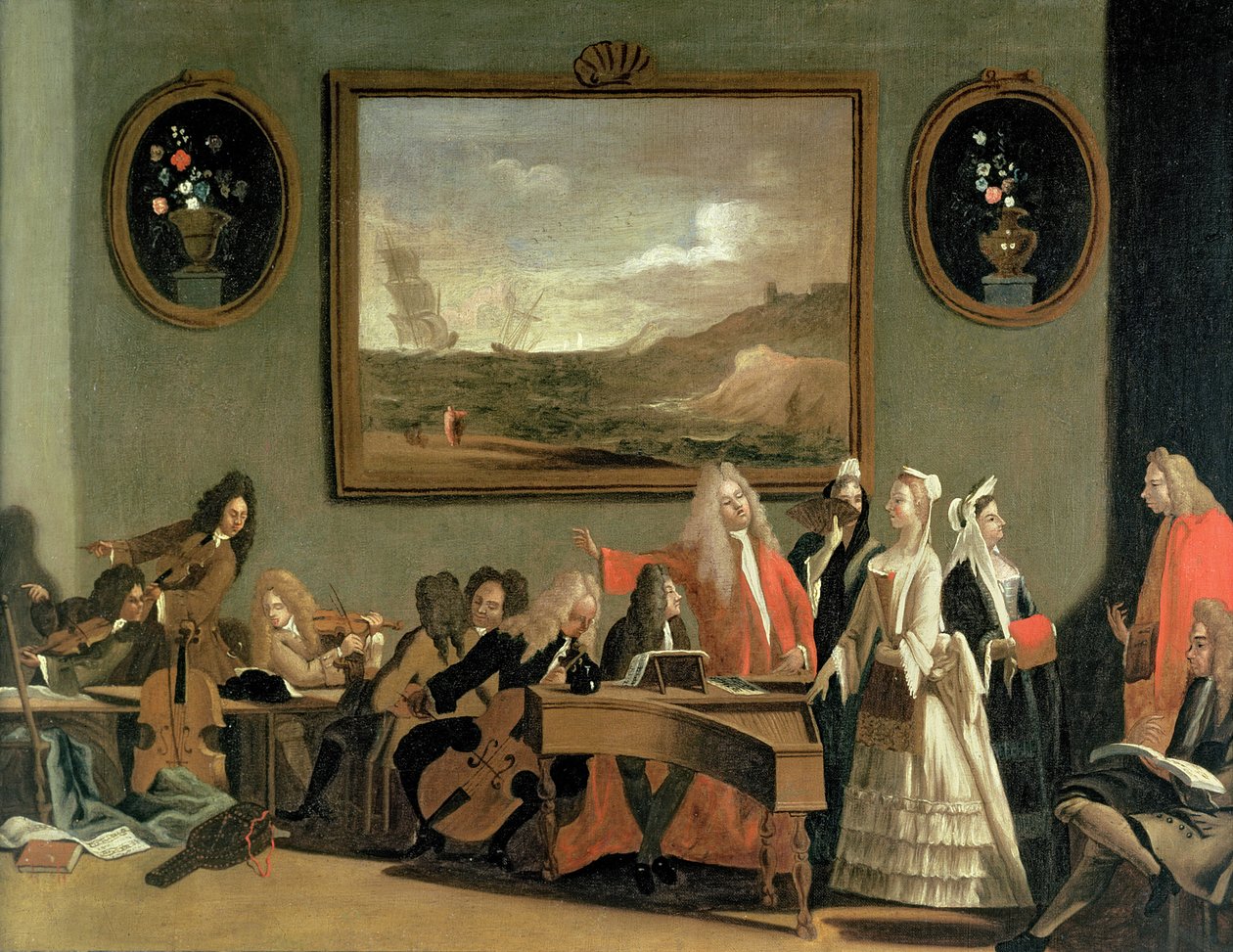 Probe einer Oper, angeblich Pyrrhus und Demetrius, im Proberaum des Haymarket Theaters, 1709 von Marco Ricci