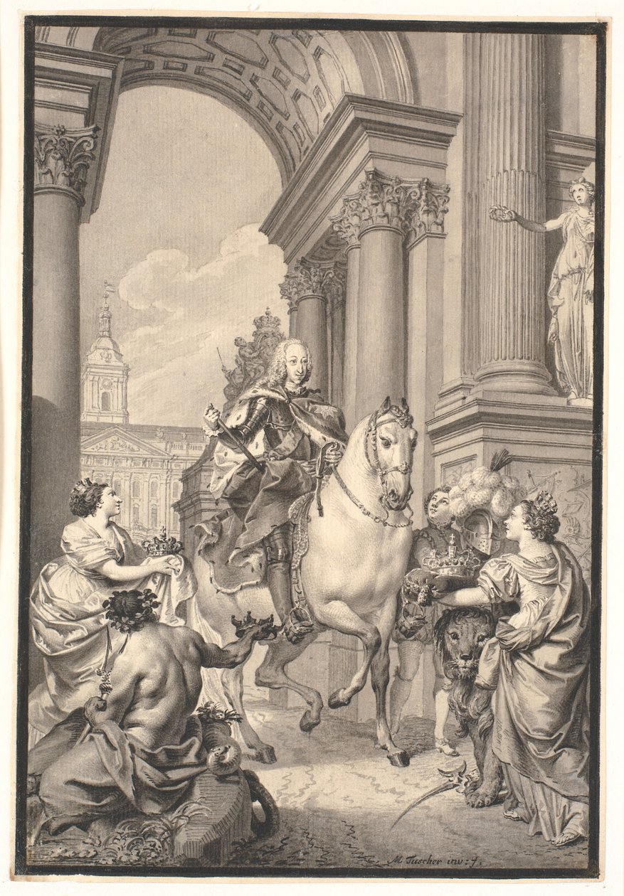 Vorarbeit zum Gemälde: Dänemark und Norwegen huldigen Chr. VI (verbrannt mit Christiansborg 1794) von Marcus Tuscher