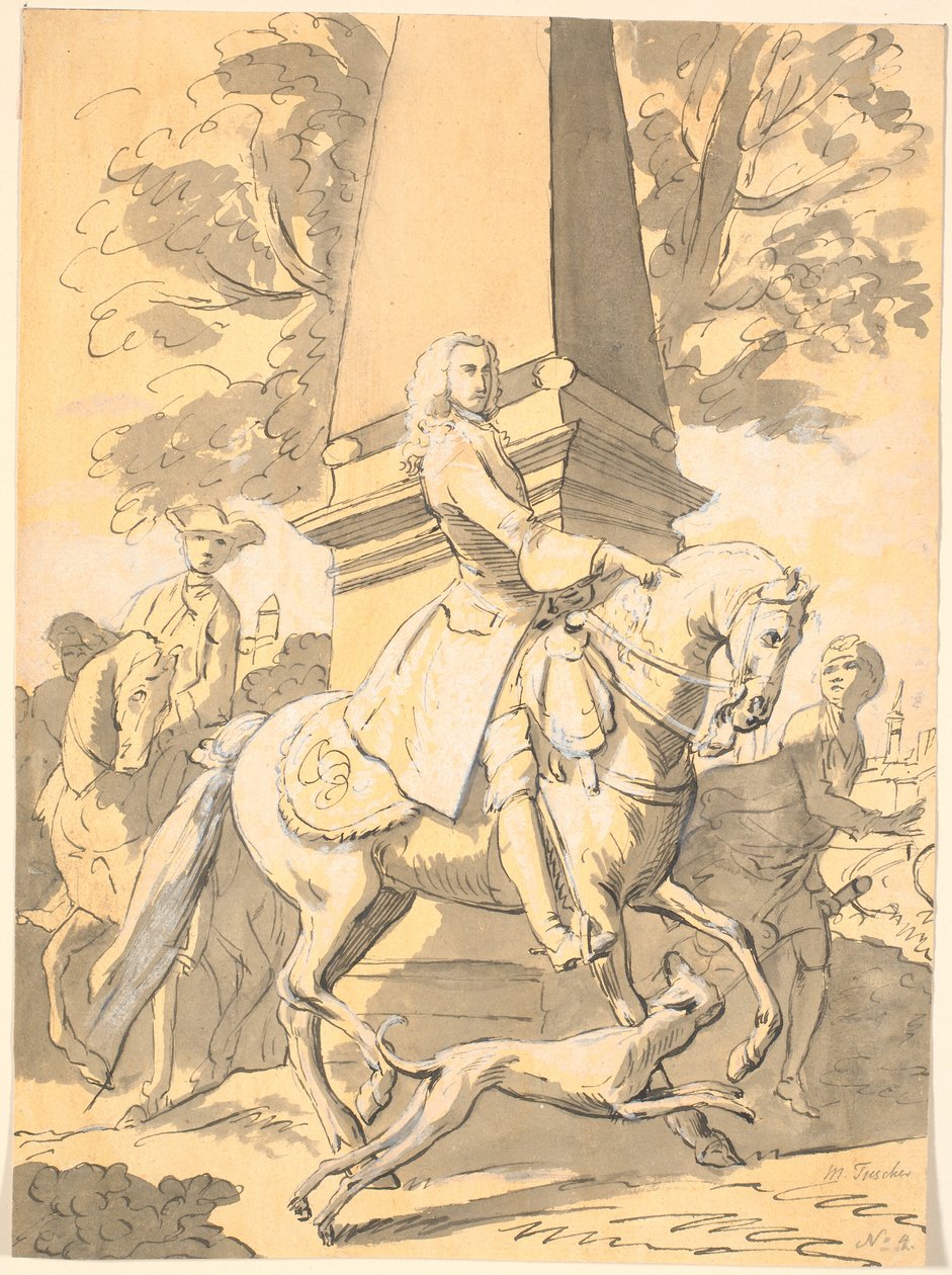 Vornehmer Herr gefolgt von Dienern reitet an einem Denkmal vorbei von Marcus Tuscher