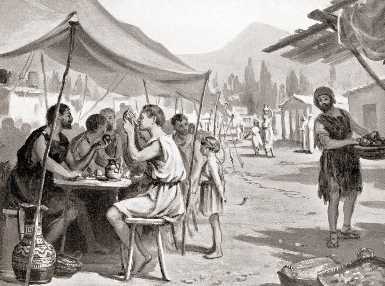 Eines der Gesetze von Lycurgus, dem spartanischen Reformer, war, dass niemand seine Mahlzeiten zu Hause oder privat einnehmen sollte, aus Hutchinsons Geschichte der Nationen, veröffentlicht 1915 von Margaret (after) Dovaston