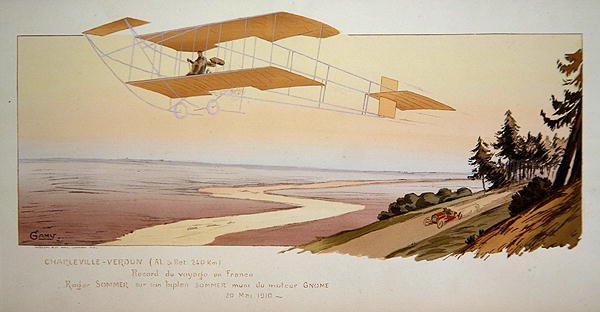 Roger Sommer (1877-1965) fliegt eine Rekordstrecke in seinem Sommer-Doppeldecker von Charleville nach Verdun, Mai 1910, veröffentlicht von Mabileau, Paris von Marguerite (fl.1909 14) Montaut