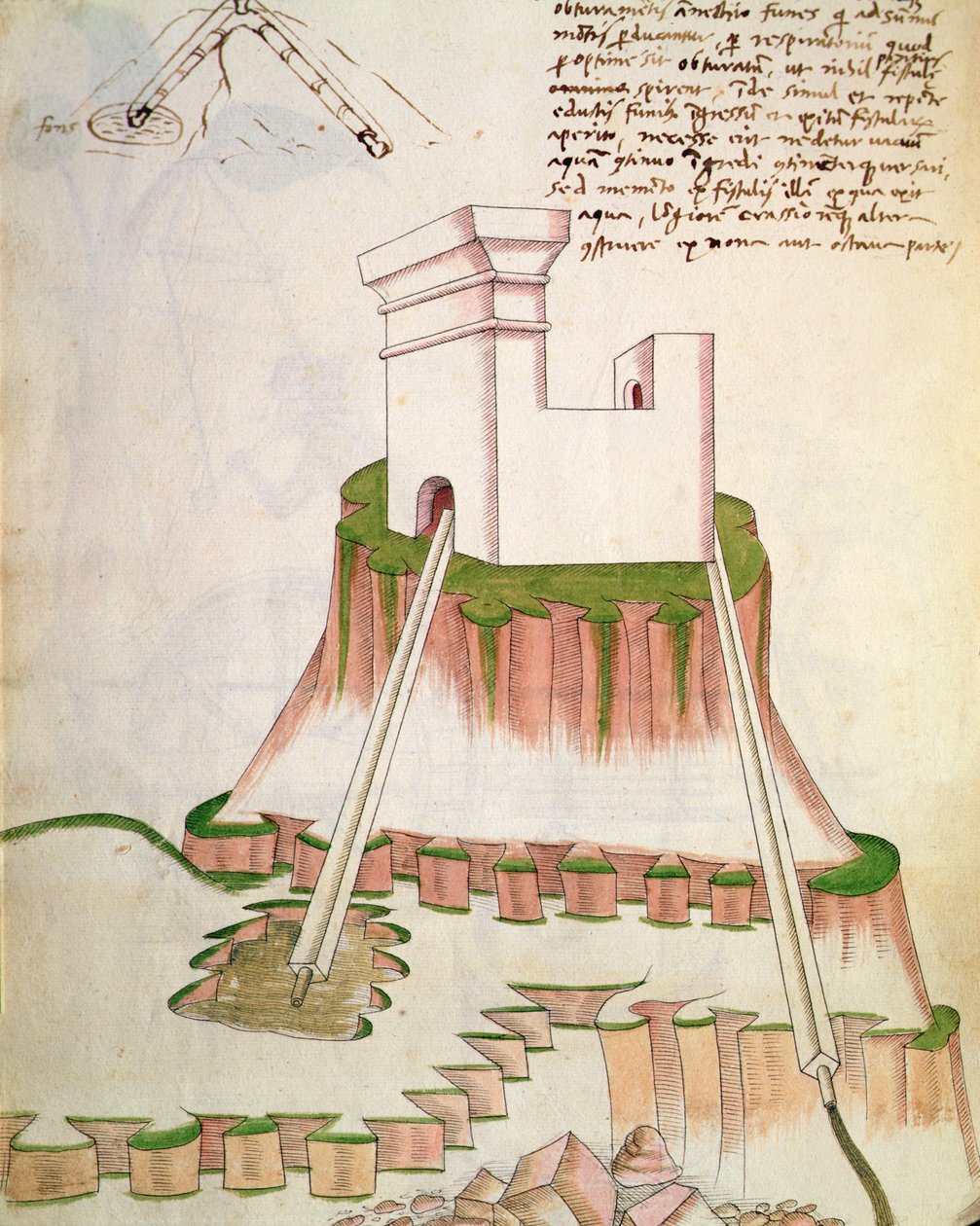 Entwurf zur Wasserversorgung eines Gebäudes durch Rohre, die Wasser aus Brunnen ziehen, Illustration aus De Machinis von Mariano di Jacopo 1382 c.1453 after Mariano di Jacopo 1382 c.1453 after