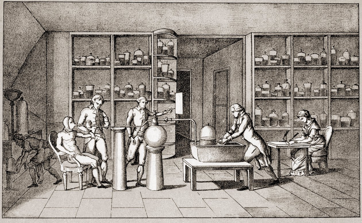 Antoine Laurent de Lavoisier (1743-1794), französischer Chemiker, der ein Experiment zur Atmung des Menschen in Ruhe durchführt. Zeichnung von Frau Lavoisier. Paris 18. Jahrhundert. Leemage-Sammlung von Marie Anne Pierrette Lavoisier