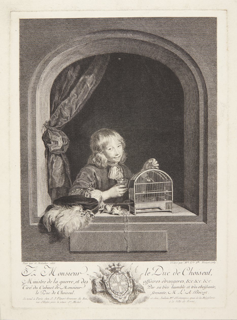 Ein Junge mit einem Vogelkäfig am Fenster von Marie Louise Adélaïde Boizot