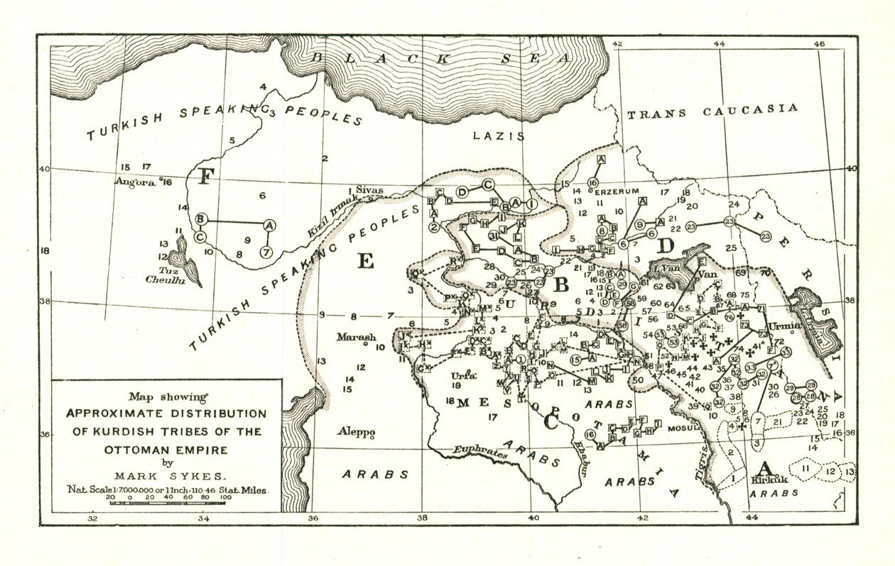 Karte, die die ungefähre Verteilung der kurdischen Stämme des Osmanischen Reiches zeigt von Mark Sykes