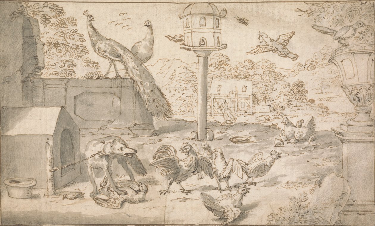 Landschaft mit Vögeln und Hund von Marmaduke Cradock