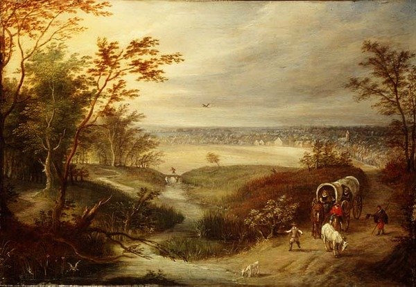 Weitläufige bewaldete Landschaft mit einem Wagen an einer Furt von Marten (attr. to) Ryckaert