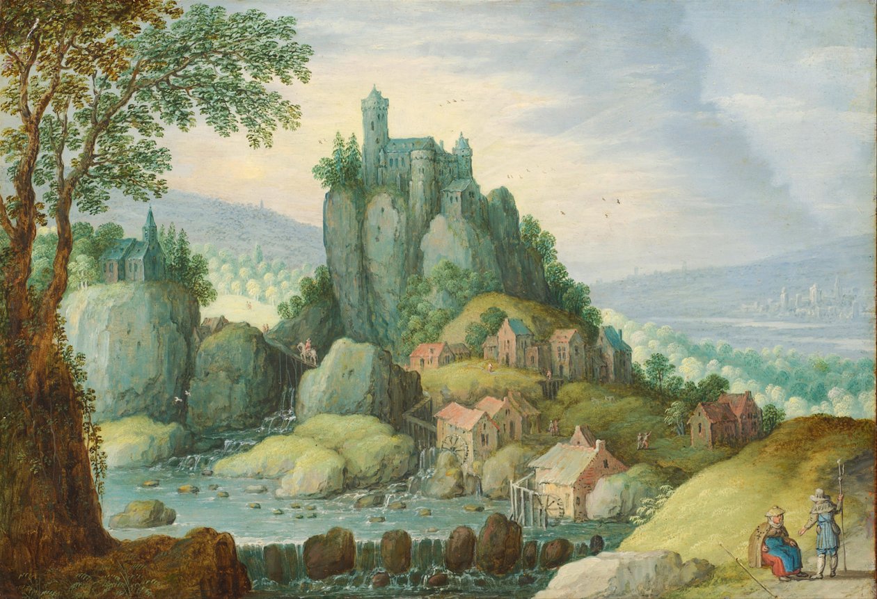 Panorama-Landschaft mit einem Fluss, Schloss auf einem Felsvorsprung und Wassermühle darunter von Marten Ryckaert
