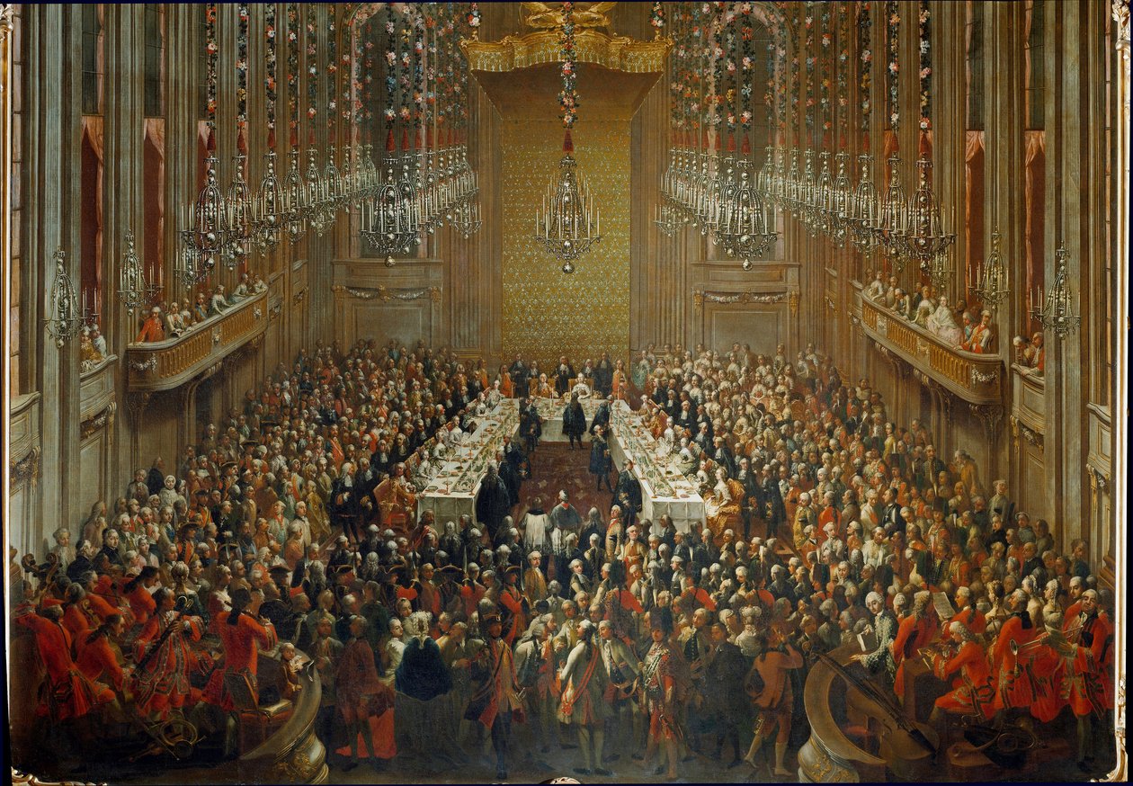 Bankett anlässlich der Hochzeit von Kaiser Joseph II. und Isabella von Parma am 6.10.1760. Mit Mozart im Orchester von Martin (and studio) Mytens or Meytens