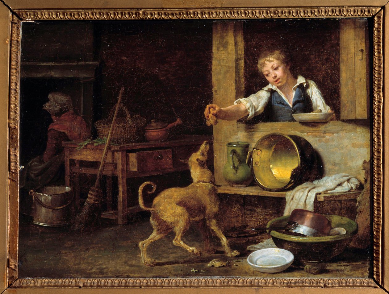Kücheninterieur. Eine junge Dienerin gibt dem Hund die Reste. Gemälde von Martin Drolling (1752-1817) 19. Jahrhundert. Orléans, Museum der Schönen Künste von Martin Drölling