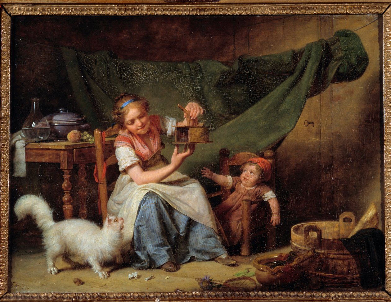 Die Frau und die Maus. Ein Mädchen hält eine Mausefalle vor die Katze und ein Baby. Gemälde von Martin Drolling (1752-1817) von Martin Drölling