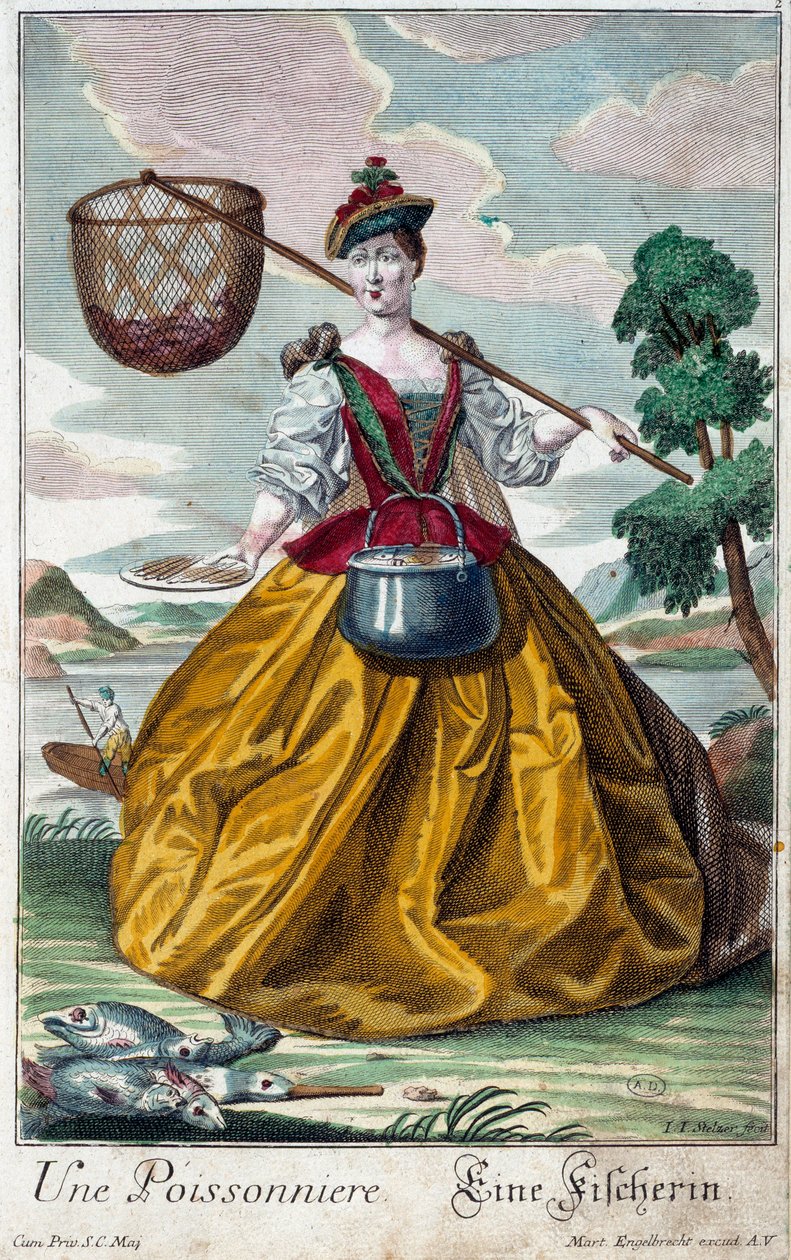 Beruf: Ein Fisch. Gravur von Martin Engelbrecht (1684-1756), in "Neue Versammlung der bekleideten Handwerker" 18. Jahrhundert, Deutschland. Paris, Dekorative Künste von Martin Engelbrecht