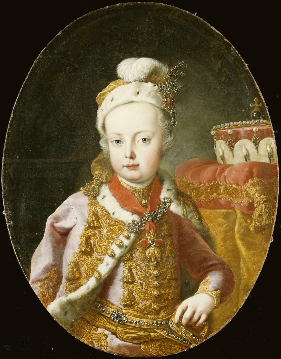 Porträt des Erzherzogs Joseph, später Kaiser Joseph II. von Österreich, halbe Länge, in einer goldbestickten rosa Samtjacke mit Hermelinbesatz, einer mit einer Brosche verzierten Federkappe und dem Orden vom Goldenen Vlies von Martin Meytens the Younger