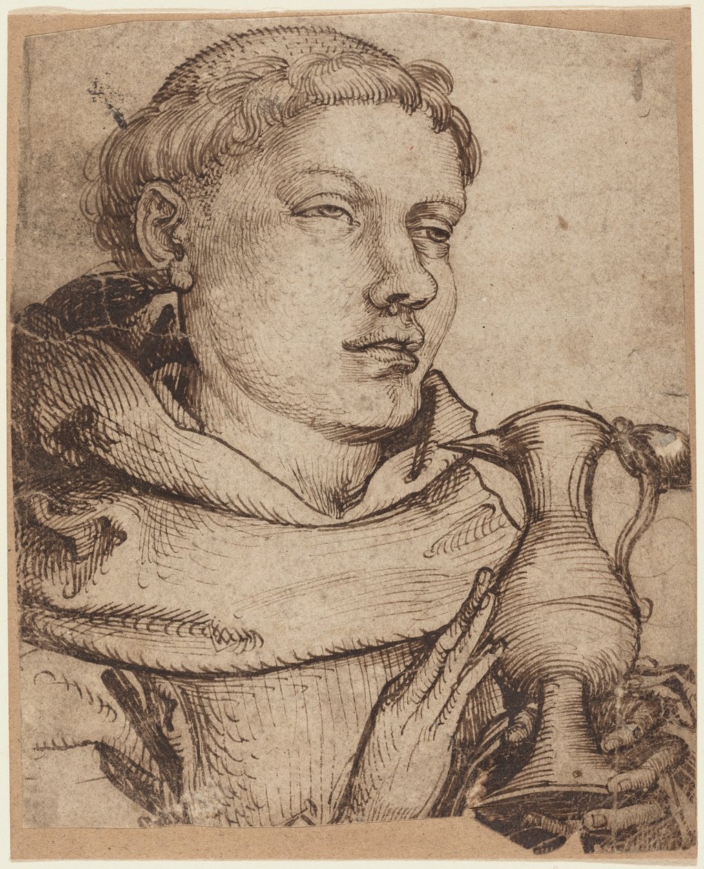 Büste eines Mönchs, der bei der Kommunion assistiert von Martin Schongauer
